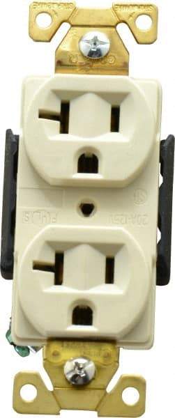 Cooper Wiring Devices - 125 VAC, 20 Amp, 5-20R NEMA Configuration, Ivory, Industrial Grade, Self Grounding Duplex Receptacle - 1 Phase, 2 Poles, 3 Wire, Flush Mount, Antimicrobial, Chemical and Impact Resistant - Exact Tool & Supply