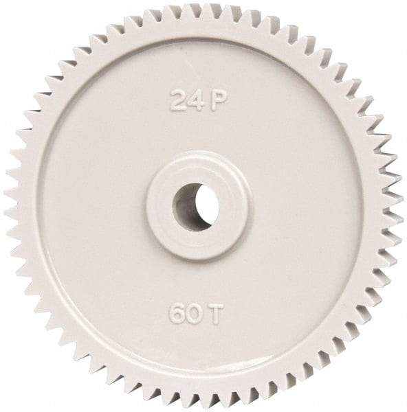 Made in USA - 24 Pitch, 2-1/2" Pitch Diam, 2.583" OD, 60 Tooth Spur Gear - 1/4" Face Width, 5/16" Bore Diam, 43/64" Hub Diam, 20° Pressure Angle, Acetal - Exact Tool & Supply