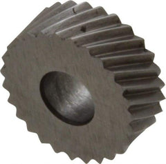 Made in USA - 1/2" Diam, 90° Tooth Angle, 20 TPI, Standard (Shape), Form Type High Speed Steel Right-Hand Diagonal Knurl Wheel - 3/16" Face Width, 3/16" Hole, Circular Pitch, 30° Helix, Bright Finish, Series EP - Exact Tool & Supply