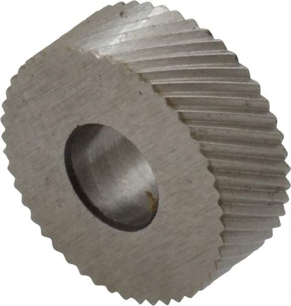 Made in USA - 1/2" Diam, 90° Tooth Angle, 35 TPI, Standard (Shape), Form Type High Speed Steel Right-Hand Diagonal Knurl Wheel - 3/16" Face Width, 3/16" Hole, Circular Pitch, 30° Helix, Bright Finish, Series EP - Exact Tool & Supply
