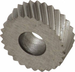 Made in USA - 1/2" Diam, 90° Tooth Angle, 20 TPI, Standard (Shape), Form Type High Speed Steel Left-Hand Diagonal Knurl Wheel - 3/16" Face Width, 3/16" Hole, Circular Pitch, 30° Helix, Bright Finish, Series EP - Exact Tool & Supply
