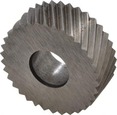 Made in USA - 1/2" Diam, 90° Tooth Angle, 25 TPI, Standard (Shape), Form Type High Speed Steel Left-Hand Diagonal Knurl Wheel - 3/16" Face Width, 3/16" Hole, Circular Pitch, 30° Helix, Bright Finish, Series EP - Exact Tool & Supply