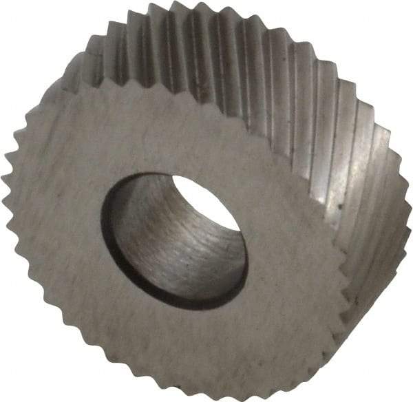 Made in USA - 1/2" Diam, 90° Tooth Angle, 30 TPI, Standard (Shape), Form Type High Speed Steel Left-Hand Diagonal Knurl Wheel - 3/16" Face Width, 3/16" Hole, Circular Pitch, 30° Helix, Bright Finish, Series EP - Exact Tool & Supply