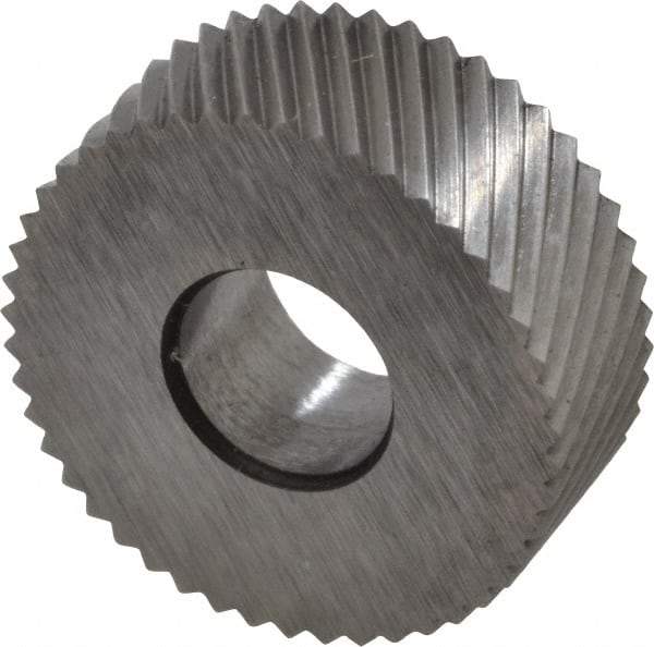 Made in USA - 1/2" Diam, 90° Tooth Angle, 35 TPI, Standard (Shape), Form Type High Speed Steel Left-Hand Diagonal Knurl Wheel - 3/16" Face Width, 3/16" Hole, Circular Pitch, 30° Helix, Bright Finish, Series EP - Exact Tool & Supply