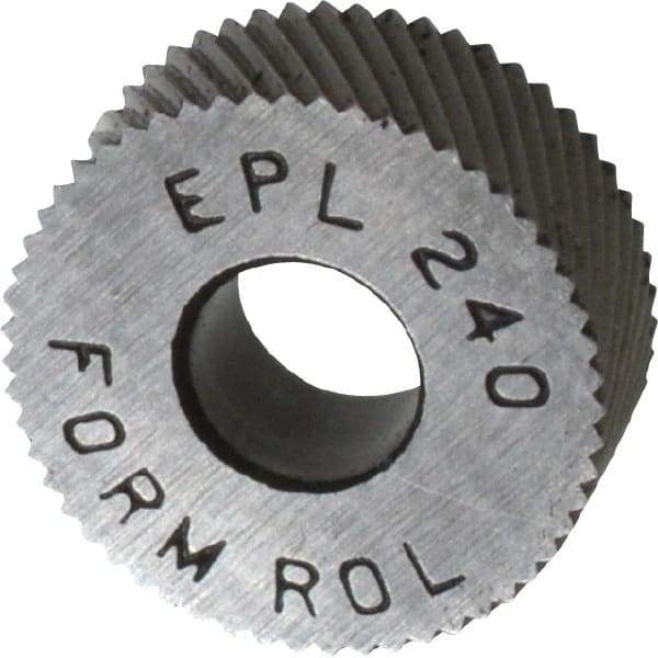 Made in USA - 1/2" Diam, 90° Tooth Angle, 40 TPI, Standard (Shape), Form Type High Speed Steel Left-Hand Diagonal Knurl Wheel - 3/16" Face Width, 3/16" Hole, Circular Pitch, 30° Helix, Bright Finish, Series EP - Exact Tool & Supply