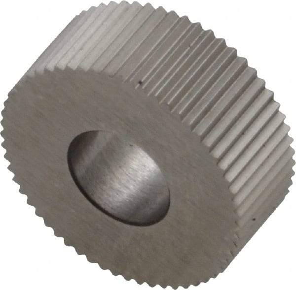 Made in USA - 5/8" Diam, 90° Tooth Angle, 30 TPI, Standard (Shape), Form Type High Speed Steel Straight Knurl Wheel - 1/4" Face Width, 1/4" Hole, Circular Pitch, Bright Finish, Series GK - Exact Tool & Supply