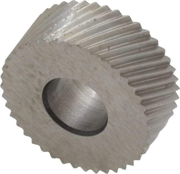 Made in USA - 5/8" Diam, 90° Tooth Angle, 25 TPI, Standard (Shape), Form Type High Speed Steel Right-Hand Diagonal Knurl Wheel - 1/4" Face Width, 1/4" Hole, Circular Pitch, 30° Helix, Bright Finish, Series GK - Exact Tool & Supply