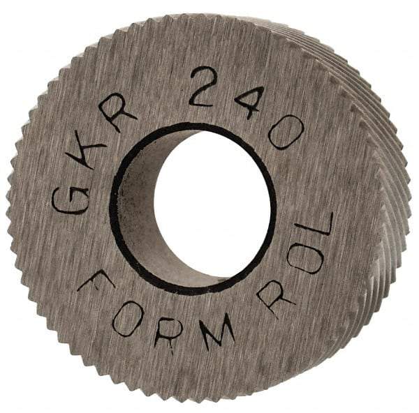 Made in USA - 5/8" Diam, 90° Tooth Angle, 40 TPI, Standard (Shape), Form Type High Speed Steel Right-Hand Diagonal Knurl Wheel - 1/4" Face Width, 1/4" Hole, Circular Pitch, 30° Helix, Bright Finish, Series GK - Exact Tool & Supply