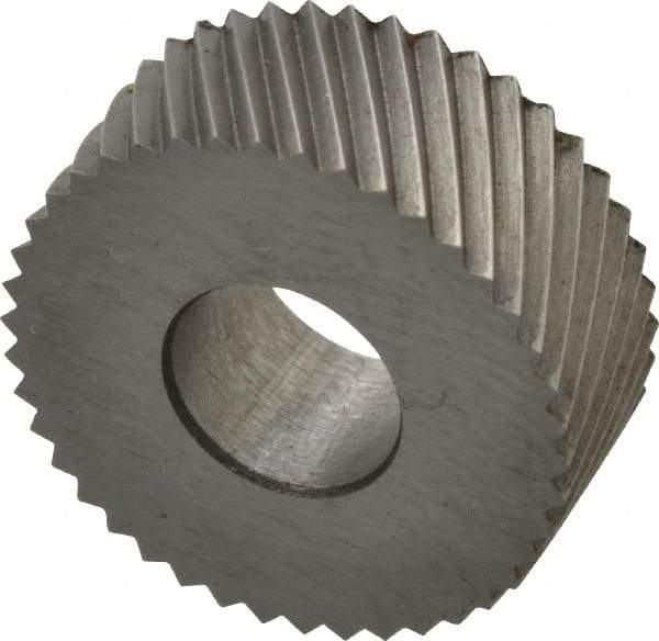 Made in USA - 5/8" Diam, 90° Tooth Angle, 25 TPI, Standard (Shape), Form Type High Speed Steel Left-Hand Diagonal Knurl Wheel - 1/4" Face Width, 1/4" Hole, Circular Pitch, 30° Helix, Bright Finish, Series GK - Exact Tool & Supply