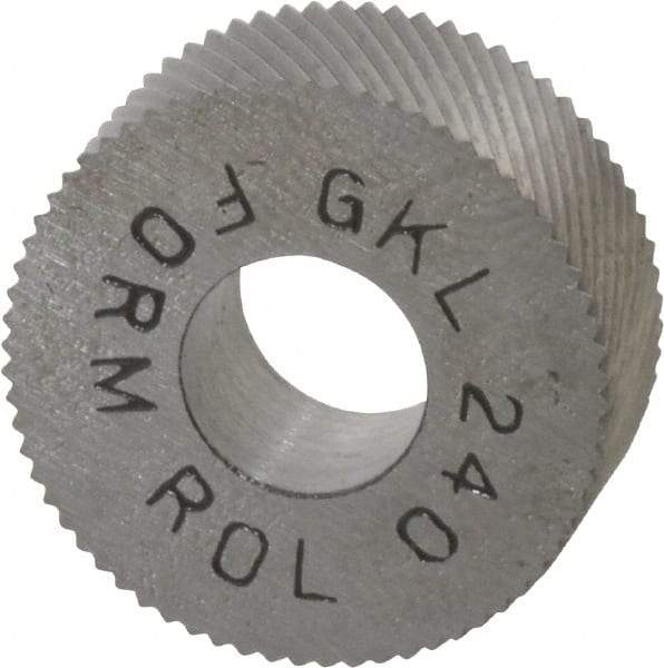 Made in USA - 5/8" Diam, 90° Tooth Angle, 40 TPI, Standard (Shape), Form Type High Speed Steel Left-Hand Diagonal Knurl Wheel - 1/4" Face Width, 1/4" Hole, Circular Pitch, 30° Helix, Bright Finish, Series GK - Exact Tool & Supply