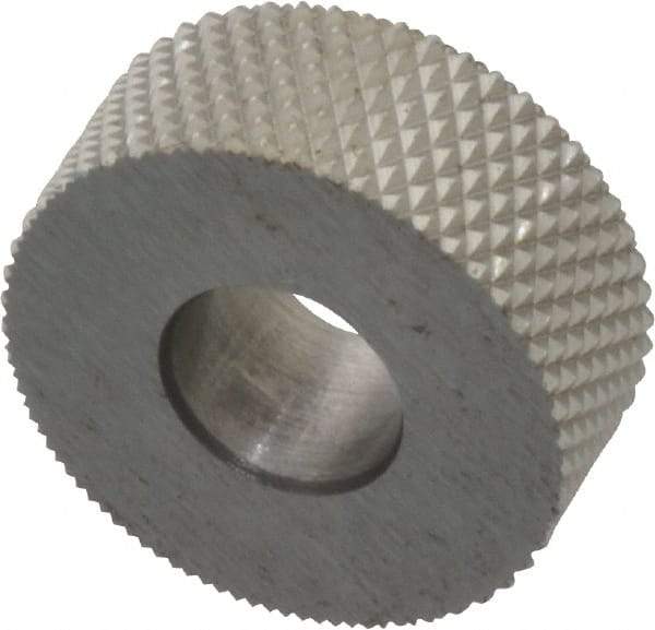 Made in USA - 5/8" Diam, 90° Tooth Angle, 30 TPI, Standard (Shape), Form Type High Speed Steel Male Diamond Knurl Wheel - 1/4" Face Width, 1/4" Hole, Circular Pitch, 30° Helix, Bright Finish, Series GK - Exact Tool & Supply
