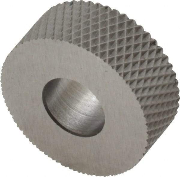 Made in USA - 5/8" Diam, 90° Tooth Angle, 30 TPI, Standard (Shape), Form Type High Speed Steel Female Diamond Knurl Wheel - 1/4" Face Width, 1/4" Hole, Circular Pitch, 30° Helix, Bright Finish, Series GK - Exact Tool & Supply
