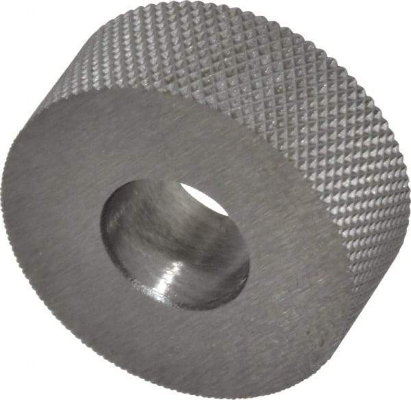 Made in USA - 5/8" Diam, 70° Tooth Angle, 50 TPI, Standard (Shape), Form Type High Speed Steel Female Diamond Knurl Wheel - 1/4" Face Width, 1/4" Hole, Circular Pitch, 30° Helix, Bright Finish, Series GK - Exact Tool & Supply