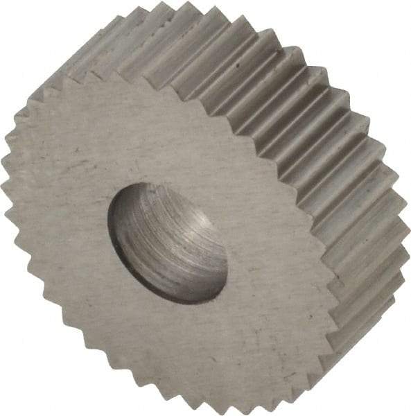 Made in USA - 3/4" Diam, 90° Tooth Angle, 16 TPI, Standard (Shape), Form Type High Speed Steel Straight Knurl Wheel - 1/4" Face Width, 1/4" Hole, Circular Pitch, Bright Finish, Series KN - Exact Tool & Supply