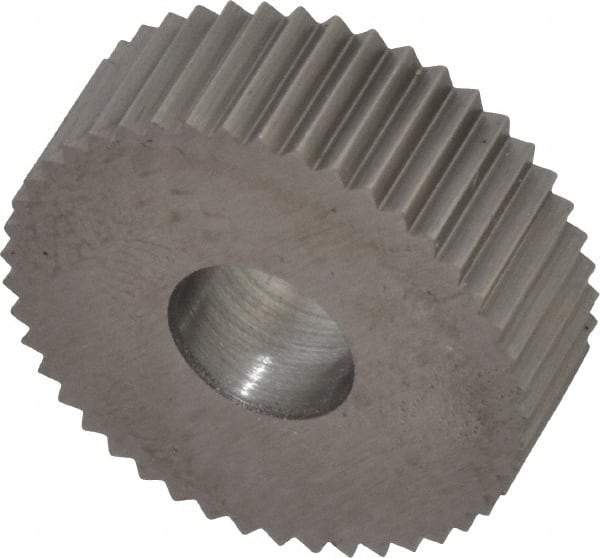 Made in USA - 3/4" Diam, 90° Tooth Angle, 19 TPI, Standard (Shape), Form Type High Speed Steel Straight Knurl Wheel - 1/4" Face Width, 1/4" Hole, Circular Pitch, Bright Finish, Series KN - Exact Tool & Supply