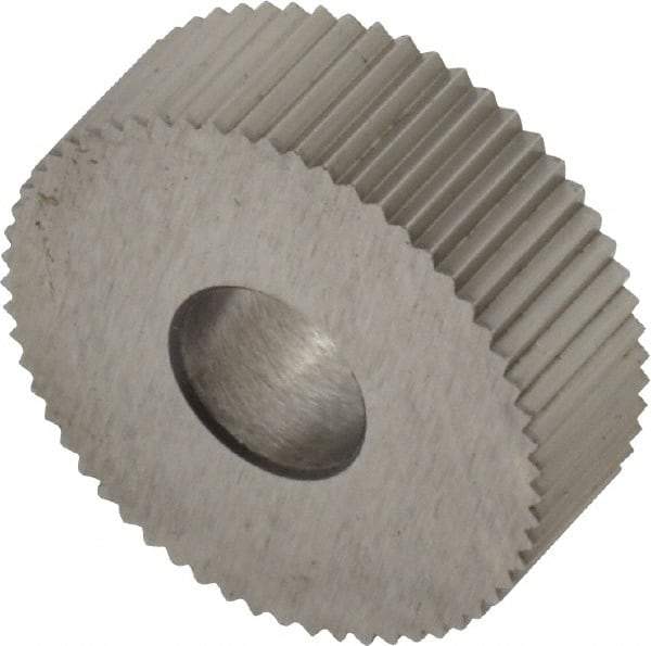 Made in USA - 3/4" Diam, 90° Tooth Angle, 25 TPI, Standard (Shape), Form Type High Speed Steel Straight Knurl Wheel - 1/4" Face Width, 1/4" Hole, Circular Pitch, Bright Finish, Series KN - Exact Tool & Supply