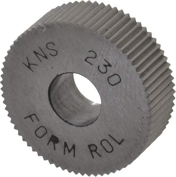 Made in USA - 3/4" Diam, 90° Tooth Angle, 30 TPI, Standard (Shape), Form Type High Speed Steel Straight Knurl Wheel - 1/4" Face Width, 1/4" Hole, Circular Pitch, Bright Finish, Series KN - Exact Tool & Supply