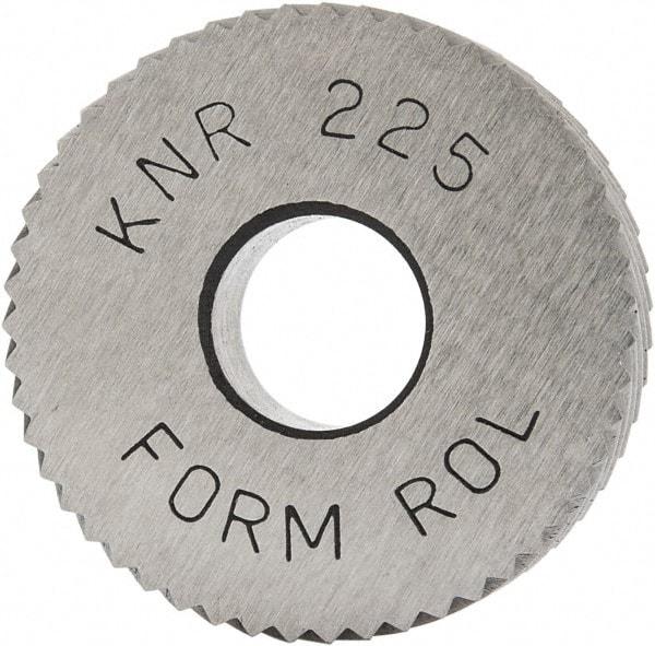 Made in USA - 3/4" Diam, 90° Tooth Angle, 25 TPI, Standard (Shape), Form Type High Speed Steel Right-Hand Diagonal Knurl Wheel - 1/4" Face Width, 1/4" Hole, Circular Pitch, 30° Helix, Bright Finish, Series KN - Exact Tool & Supply