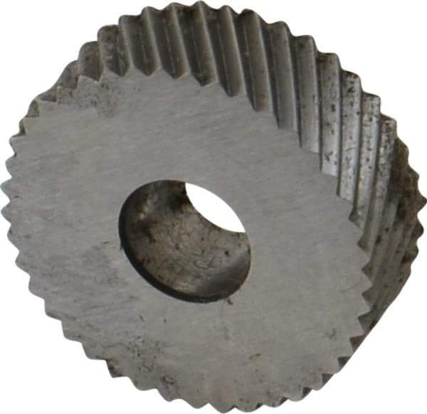 Made in USA - 3/4" Diam, 90° Tooth Angle, 20 TPI, Standard (Shape), Form Type High Speed Steel Left-Hand Diagonal Knurl Wheel - 1/4" Face Width, 1/4" Hole, Circular Pitch, 30° Helix, Bright Finish, Series KN - Exact Tool & Supply