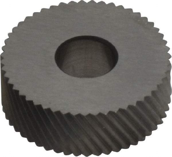 Made in USA - 3/4" Diam, 90° Tooth Angle, 25 TPI, Standard (Shape), Form Type High Speed Steel Left-Hand Diagonal Knurl Wheel - 1/4" Face Width, 1/4" Hole, Circular Pitch, 30° Helix, Bright Finish, Series KN - Exact Tool & Supply