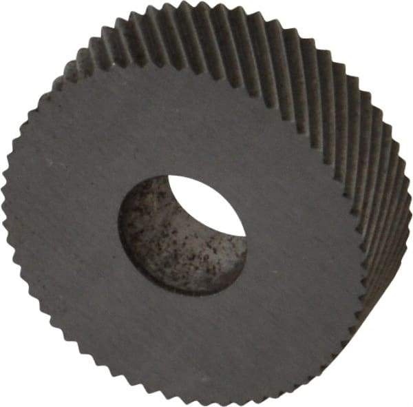 Made in USA - 3/4" Diam, 90° Tooth Angle, 30 TPI, Standard (Shape), Form Type High Speed Steel Left-Hand Diagonal Knurl Wheel - 1/4" Face Width, 1/4" Hole, Circular Pitch, 30° Helix, Bright Finish, Series KN - Exact Tool & Supply