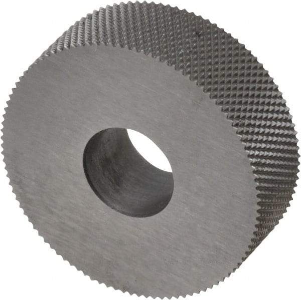 Made in USA - 3/4" Diam, 70° Tooth Angle, 50 TPI, Standard (Shape), Form Type High Speed Steel Male Diamond Knurl Wheel - 1/4" Face Width, 1/4" Hole, Circular Pitch, 30° Helix, Bright Finish, Series KN - Exact Tool & Supply