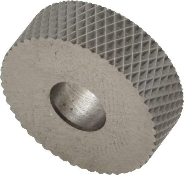 Made in USA - 3/4" Diam, 90° Tooth Angle, 25 TPI, Standard (Shape), Form Type High Speed Steel Female Diamond Knurl Wheel - 1/4" Face Width, 1/4" Hole, Circular Pitch, 30° Helix, Bright Finish, Series KN - Exact Tool & Supply