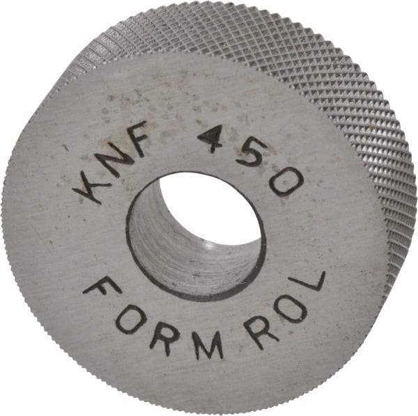 Made in USA - 3/4" Diam, 70° Tooth Angle, 50 TPI, Standard (Shape), Form Type High Speed Steel Female Diamond Knurl Wheel - 1/4" Face Width, 1/4" Hole, Circular Pitch, 30° Helix, Bright Finish, Series KN - Exact Tool & Supply