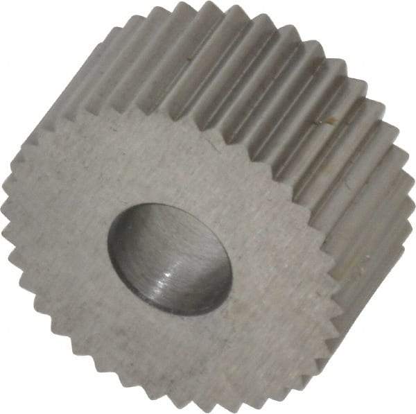 Made in USA - 3/4" Diam, 90° Tooth Angle, 16 TPI, Standard (Shape), Form Type High Speed Steel Straight Knurl Wheel - 3/8" Face Width, 1/4" Hole, Circular Pitch, Bright Finish, Series KP - Exact Tool & Supply