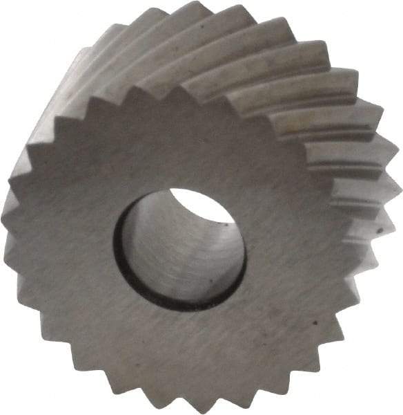 Made in USA - 3/4" Diam, 90° Tooth Angle, 12 TPI, Standard (Shape), Form Type High Speed Steel Right-Hand Diagonal Knurl Wheel - 3/8" Face Width, 1/4" Hole, Circular Pitch, 30° Helix, Bright Finish, Series KP - Exact Tool & Supply