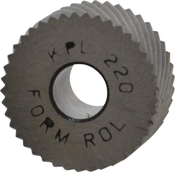 Made in USA - 3/4" Diam, 90° Tooth Angle, 20 TPI, Standard (Shape), Form Type High Speed Steel Left-Hand Diagonal Knurl Wheel - 3/8" Face Width, 1/4" Hole, Circular Pitch, 30° Helix, Bright Finish, Series KP - Exact Tool & Supply