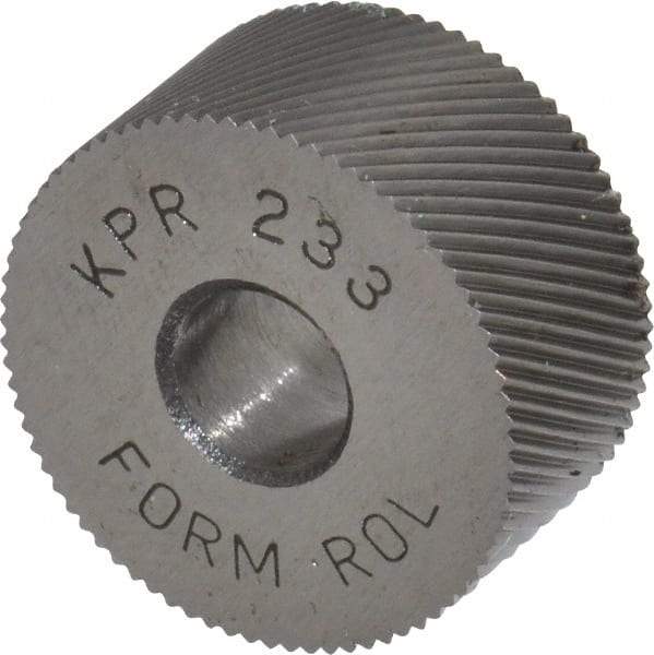 Made in USA - 3/4" Diam, 90° Tooth Angle, 33 TPI, Standard (Shape), Form Type High Speed Steel Right-Hand Diagonal Knurl Wheel - 3/8" Face Width, 1/4" Hole, Circular Pitch, 30° Helix, Bright Finish, Series KP - Exact Tool & Supply