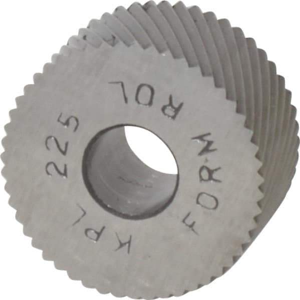 Made in USA - 3/4" Diam, 90° Tooth Angle, 25 TPI, Standard (Shape), Form Type High Speed Steel Left-Hand Diagonal Knurl Wheel - 3/8" Face Width, 1/4" Hole, Circular Pitch, 30° Helix, Bright Finish, Series KP - Exact Tool & Supply