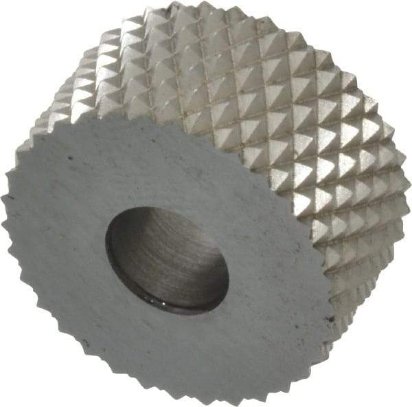 Made in USA - 3/4" Diam, 90° Tooth Angle, 16 TPI, Standard (Shape), Form Type High Speed Steel Male Diamond Knurl Wheel - 3/8" Face Width, 1/4" Hole, Circular Pitch, 30° Helix, Bright Finish, Series KP - Exact Tool & Supply