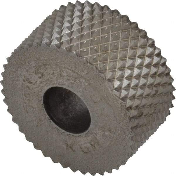 Made in USA - 3/4" Diam, 90° Tooth Angle, 20 TPI, Standard (Shape), Form Type High Speed Steel Male Diamond Knurl Wheel - 3/8" Face Width, 1/4" Hole, Circular Pitch, 30° Helix, Bright Finish, Series KP - Exact Tool & Supply