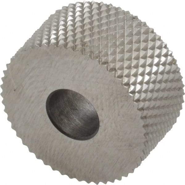 Made in USA - 3/4" Diam, 90° Tooth Angle, 25 TPI, Standard (Shape), Form Type High Speed Steel Male Diamond Knurl Wheel - 3/8" Face Width, 1/4" Hole, Circular Pitch, 30° Helix, Bright Finish, Series KP - Exact Tool & Supply