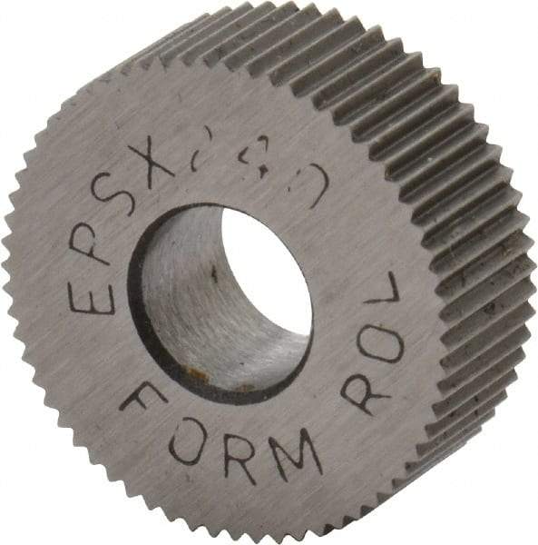 Made in USA - 1/2" Diam, 90° Tooth Angle, 40 TPI, Standard (Shape), Form Type Cobalt Straight Knurl Wheel - 3/16" Face Width, 3/16" Hole, Circular Pitch, Bright Finish, Series EP - Exact Tool & Supply