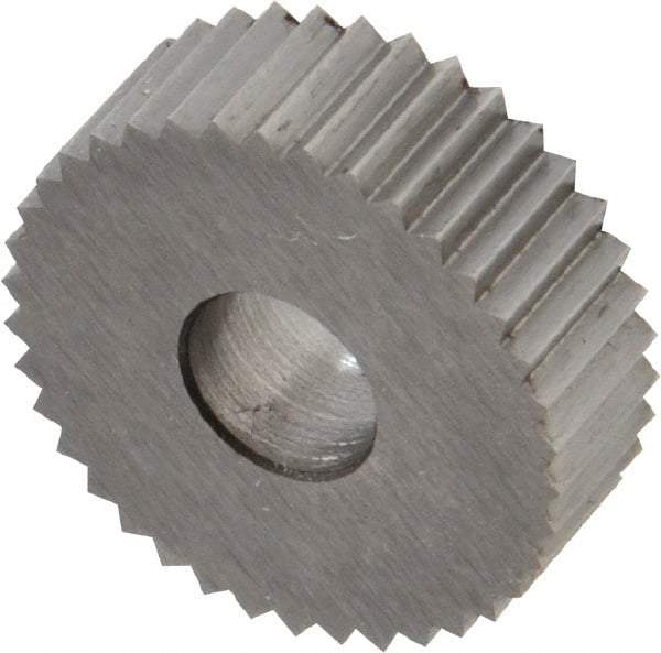 Made in USA - 3/4" Diam, 90° Tooth Angle, 16 TPI, Standard (Shape), Form Type Cobalt Straight Knurl Wheel - 1/4" Face Width, 1/4" Hole, Circular Pitch, Bright Finish, Series KN - Exact Tool & Supply
