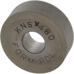 Made in USA - 3/4" Diam, 70° Tooth Angle, 80 TPI, Standard (Shape), Form Type Cobalt Straight Knurl Wheel - 1/4" Face Width, 1/4" Hole, Circular Pitch, Bright Finish, Series KN - Exact Tool & Supply