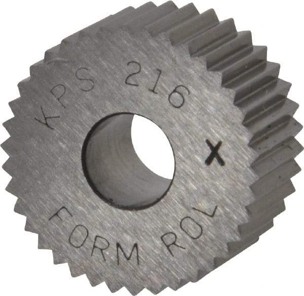 Made in USA - 3/4" Diam, 90° Tooth Angle, 16 TPI, Standard (Shape), Form Type Cobalt Straight Knurl Wheel - 3/8" Face Width, 1/4" Hole, Circular Pitch, Bright Finish, Series KP - Exact Tool & Supply
