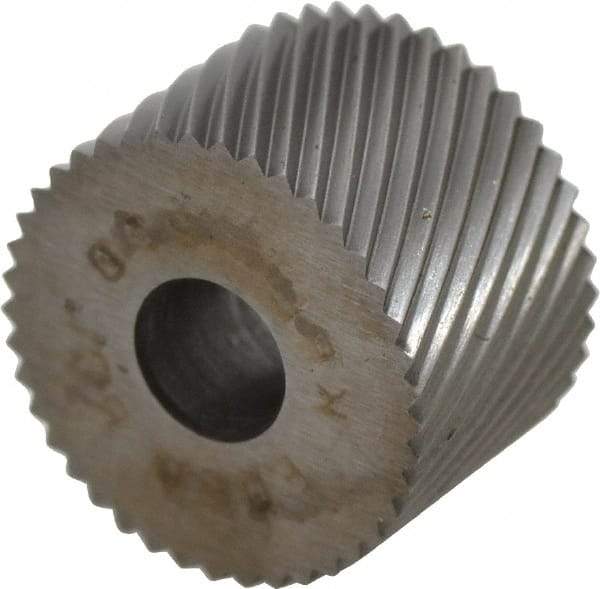 Made in USA - 3/4" Diam, 90° Tooth Angle, 20 TPI, Standard (Shape), Form Type High Speed Steel Left-Hand Diagonal Knurl Wheel - 1/2" Face Width, 1/4" Hole, Circular Pitch, 30° Helix, Bright Finish, Series KR - Exact Tool & Supply