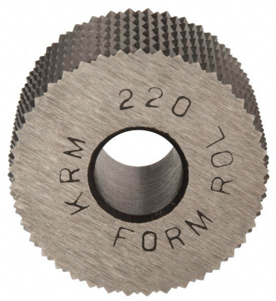 Made in USA - 3/4" Diam, 90° Tooth Angle, 20 TPI, Standard (Shape), Form Type High Speed Steel Male Diamond Knurl Wheel - 1/2" Face Width, 1/4" Hole, Circular Pitch, 30° Helix, Bright Finish, Series KR - Exact Tool & Supply