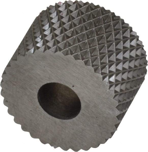 Made in USA - 3/4" Diam, 90° Tooth Angle, 16 TPI, Standard (Shape), Form Type High Speed Steel Female Diamond Knurl Wheel - 1/2" Face Width, 1/4" Hole, Circular Pitch, 30° Helix, Bright Finish, Series KR - Exact Tool & Supply