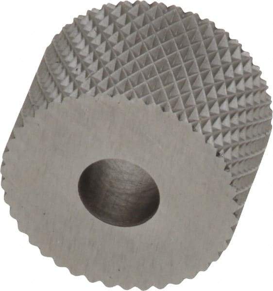 Made in USA - 3/4" Diam, 90° Tooth Angle, 20 TPI, Standard (Shape), Form Type High Speed Steel Female Diamond Knurl Wheel - 1/2" Face Width, 1/4" Hole, Circular Pitch, 30° Helix, Bright Finish, Series KR - Exact Tool & Supply