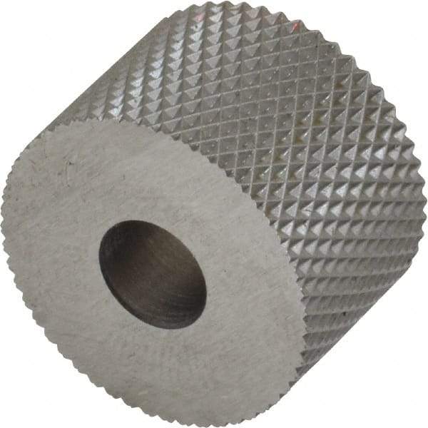Made in USA - 3/4" Diam, 90° Tooth Angle, 25 TPI, Standard (Shape), Form Type High Speed Steel Female Diamond Knurl Wheel - 1/2" Face Width, 1/4" Hole, Circular Pitch, 30° Helix, Bright Finish, Series KR - Exact Tool & Supply