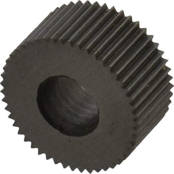 Made in USA - 5/16" Diam, 70° Tooth Angle, 50 TPI, Standard (Shape), Form Type High Speed Steel Straight Knurl Wheel - 5/32" Face Width, 1/8" Hole, Circular Pitch, Bright Finish, Series BP - Exact Tool & Supply