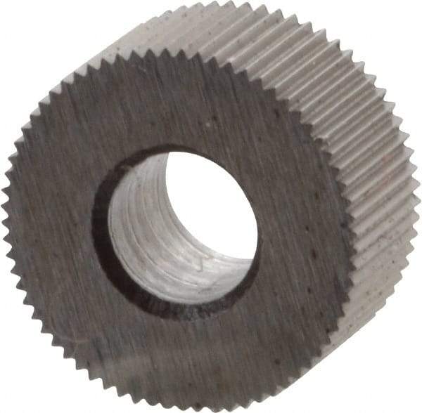 Made in USA - 5/16" Diam, 70° Tooth Angle, 70 TPI, Standard (Shape), Form Type High Speed Steel Straight Knurl Wheel - 5/32" Face Width, 1/8" Hole, Circular Pitch, Bright Finish, Series BP - Exact Tool & Supply