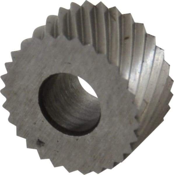 Made in USA - 5/16" Diam, 90° Tooth Angle, 35 TPI, Standard (Shape), Form Type High Speed Steel Left-Hand Diagonal Knurl Wheel - 5/32" Face Width, 1/8" Hole, Circular Pitch, 30° Helix, Bright Finish, Series BP - Exact Tool & Supply