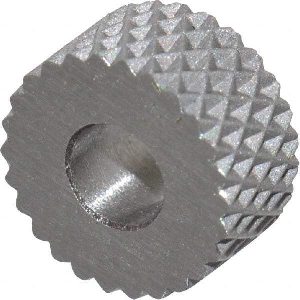 Made in USA - 5/16" Diam, 90° Tooth Angle, 30 TPI, Standard (Shape), Form Type High Speed Steel Female Diamond Knurl Wheel - 5/32" Face Width, 1/8" Hole, Circular Pitch, 30° Helix, Bright Finish, Series BP - Exact Tool & Supply