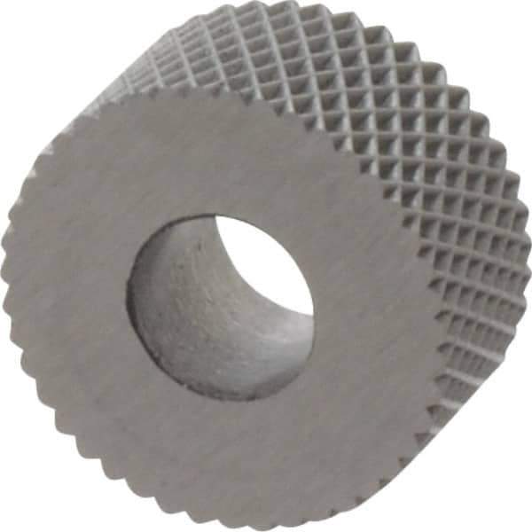 Made in USA - 5/16" Diam, 70° Tooth Angle, 50 TPI, Standard (Shape), Form Type High Speed Steel Female Diamond Knurl Wheel - 5/32" Face Width, 1/8" Hole, Circular Pitch, 30° Helix, Bright Finish, Series BP - Exact Tool & Supply